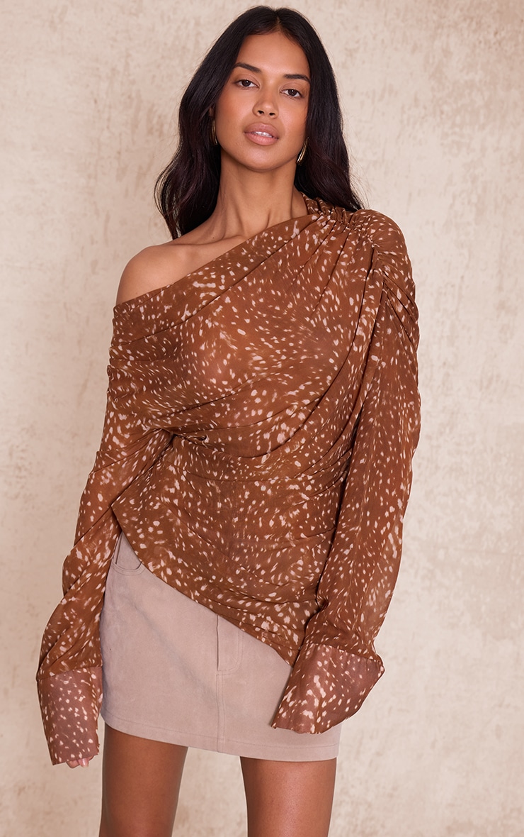 Brown Abstract Printed Chiffon Drape Top image 4