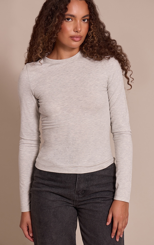 Tall Grey Marl Soft Cotton Crew Neck Longline Long Sleeve Top