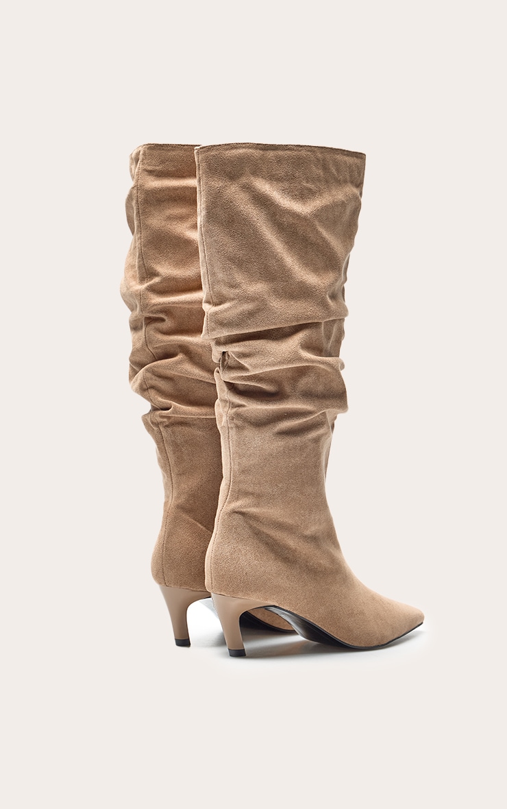 Stone Faux Suede Heeled Knee High Scrunch Boot image 3
