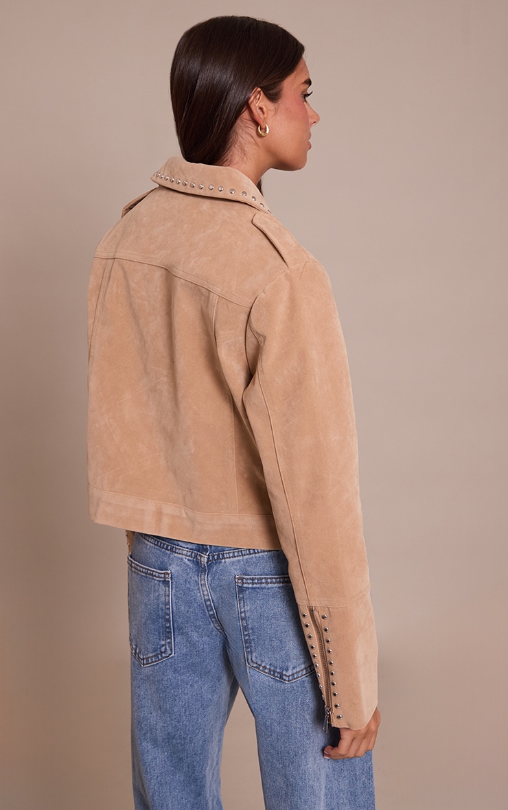 Sand Studded Detail Faux Suede Zip Up Jacket image 2
