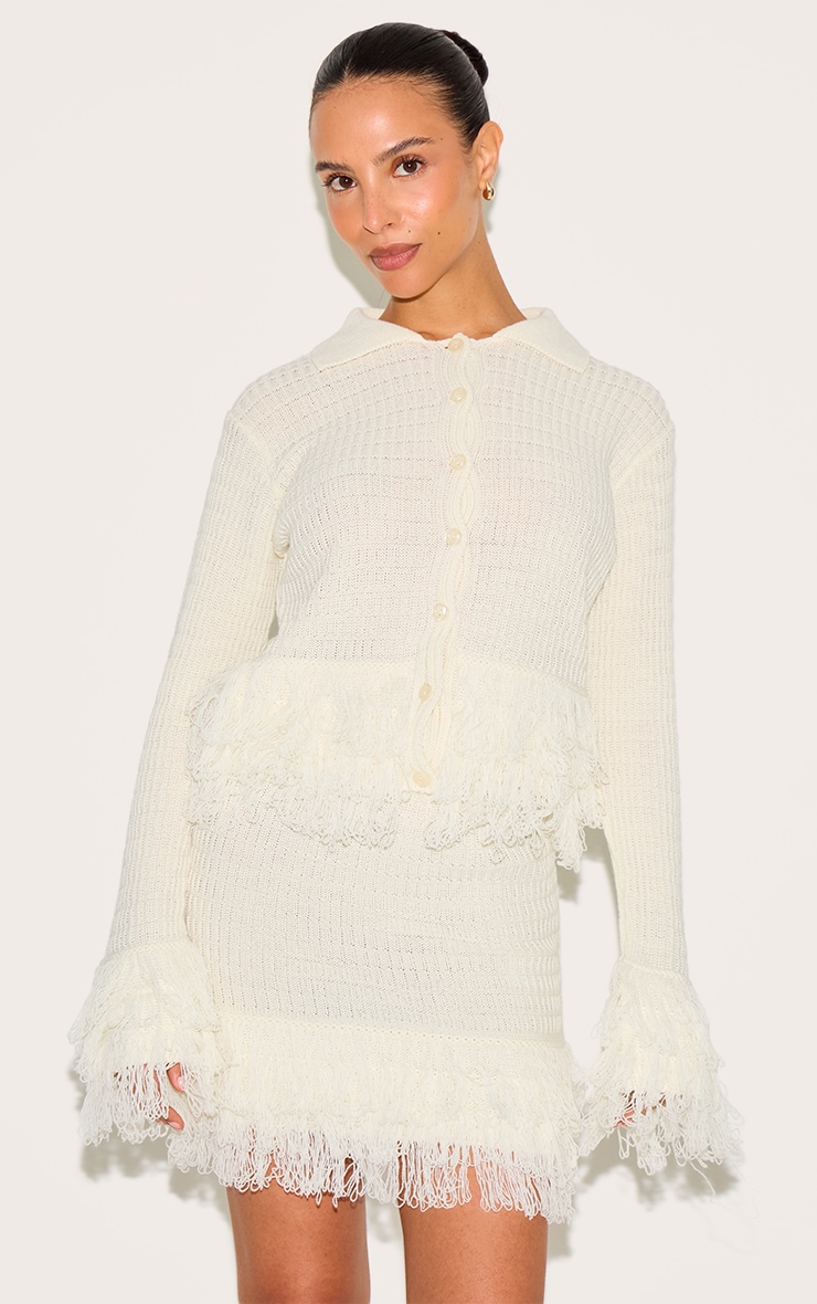 Petite Cream Rib Fringe Hem Knit Skirt image 1