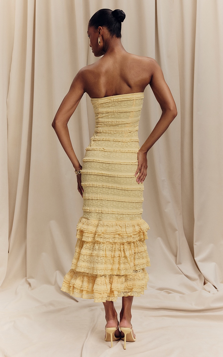 Robe longue en dentelle texturée jaune citron à étages volantés image 2