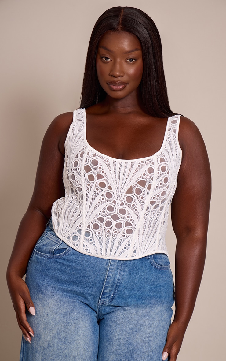 Plus White Textured Sheer Floral Square Neck Corset image 1
