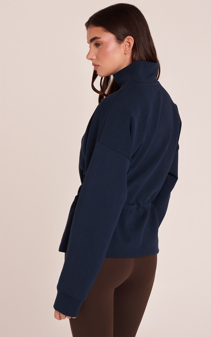 Navy Interlock Peplum Funnel Neck Zip Up Jacket image 2