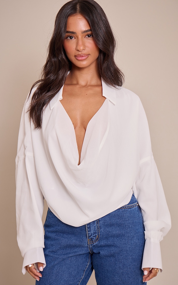 Petite White Chiffon Cowl Neck Collared Top