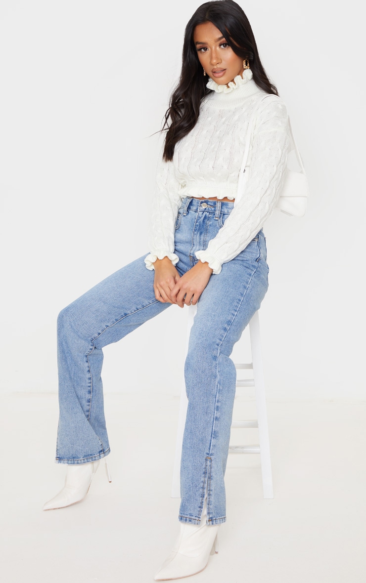 Petite Cream Cable Knit Cropped Frill Jumper PrettyLittleThing