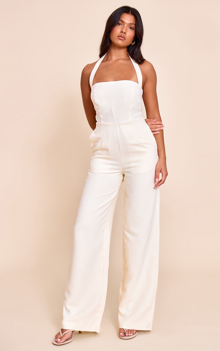 Butter Yellow Premium Woven Halter Neck Wide Leg Jumpsuit image 1