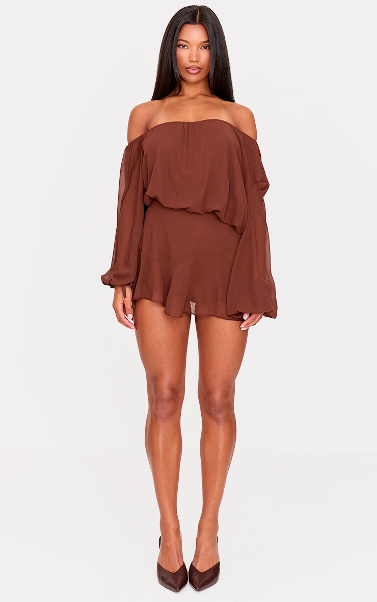Chocolate Chiffon One Shoulder Floaty Detail Skort Playsuit image 1