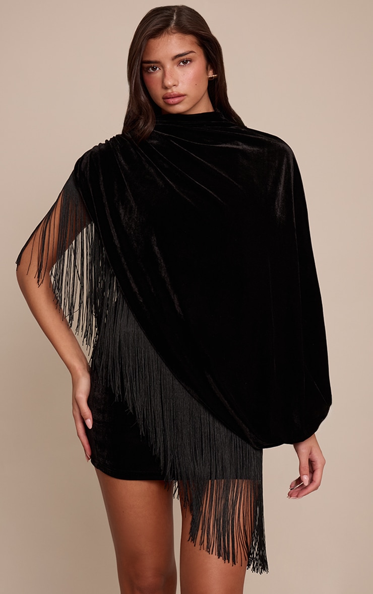 Black Velvet Cape Tassel Hem Mini Dress