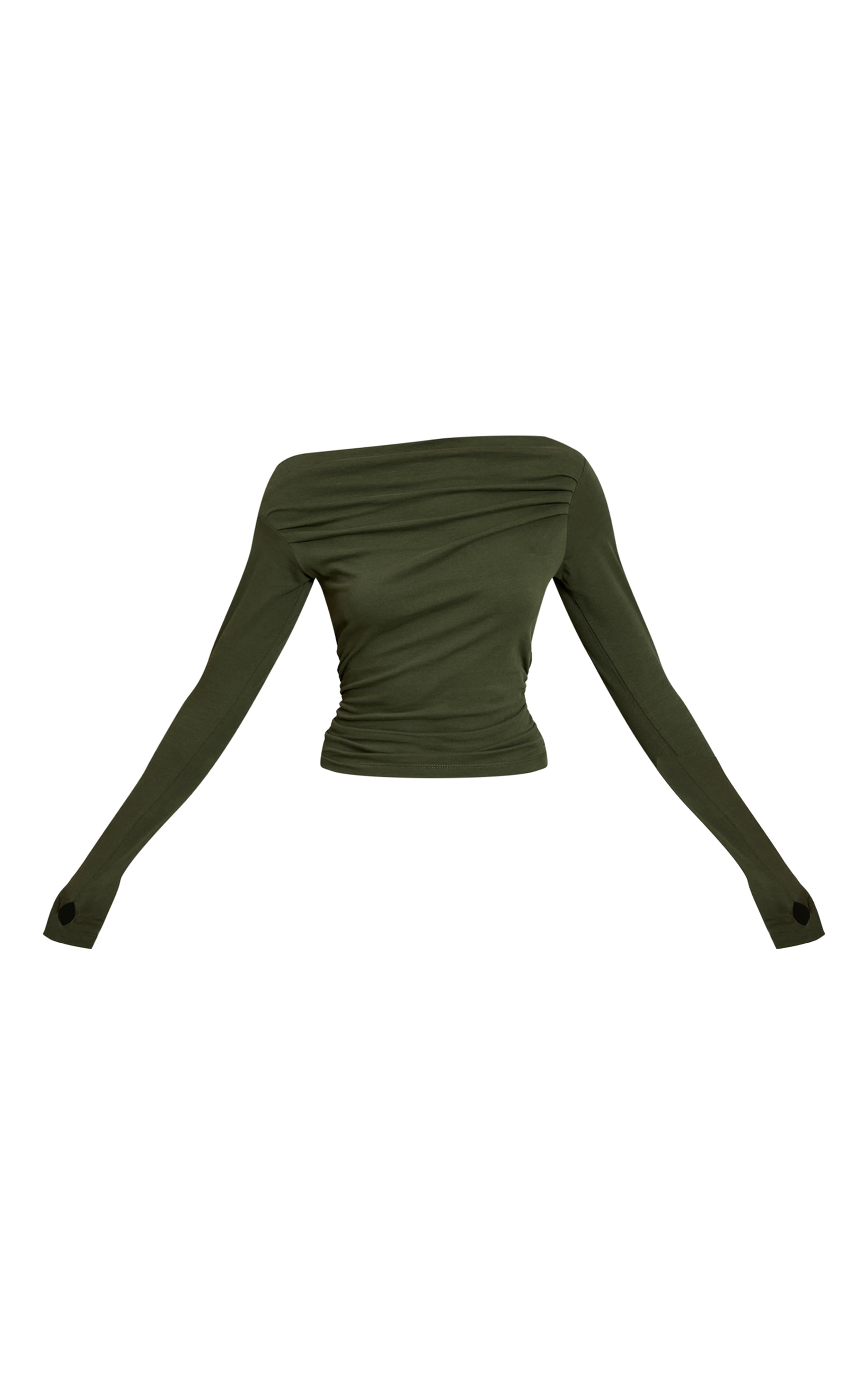 Dark Khaki Soft Cotton Ruched Asymmetric Long Sleeve Top image 5