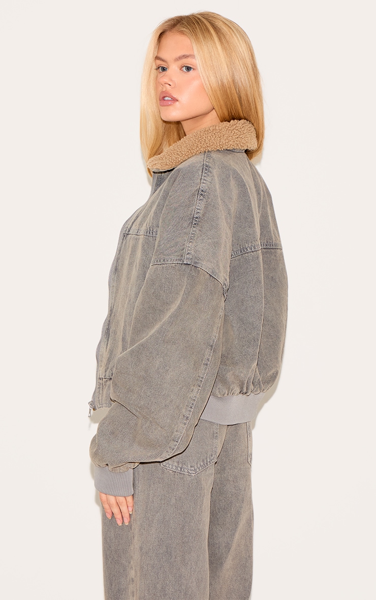 Light Grey Borg Collar Denim Bomber Jacket image 2