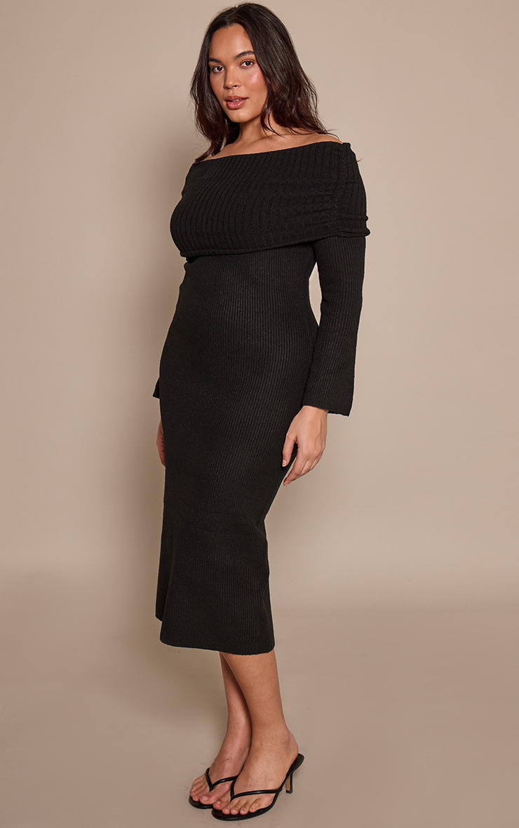 Plus Black Foldover Bardot Knitted Sweater Dress image 3