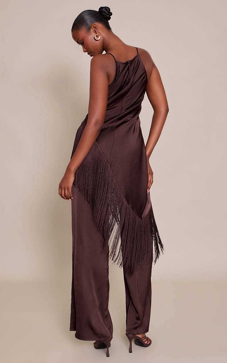 Deep Chocolate Satin Fringe Detail Jumpsuit image 2