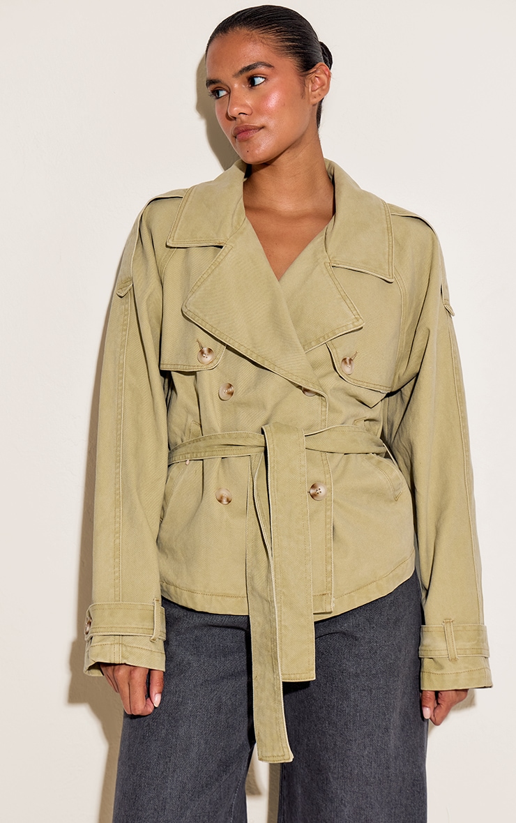 Washed Khaki Belted Cropped Button Detail Denim Trench image 2