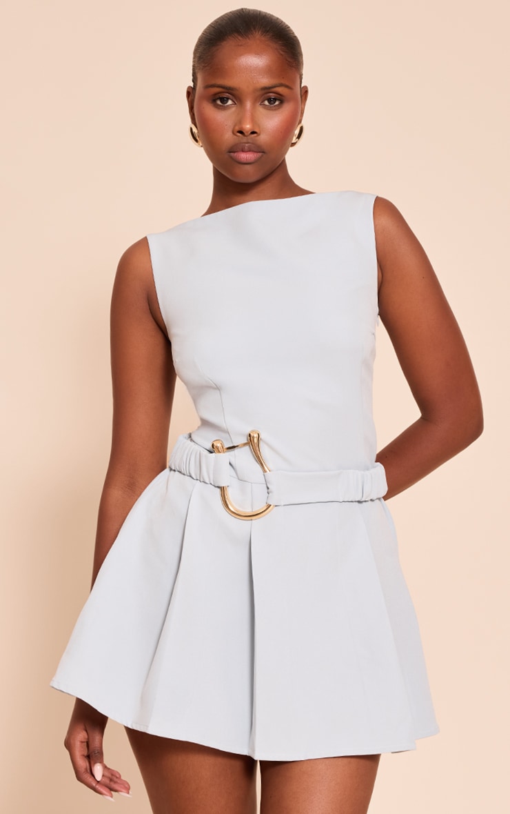 Dusty Blue Woven Belt Detail Pleated Shift Dress image 1