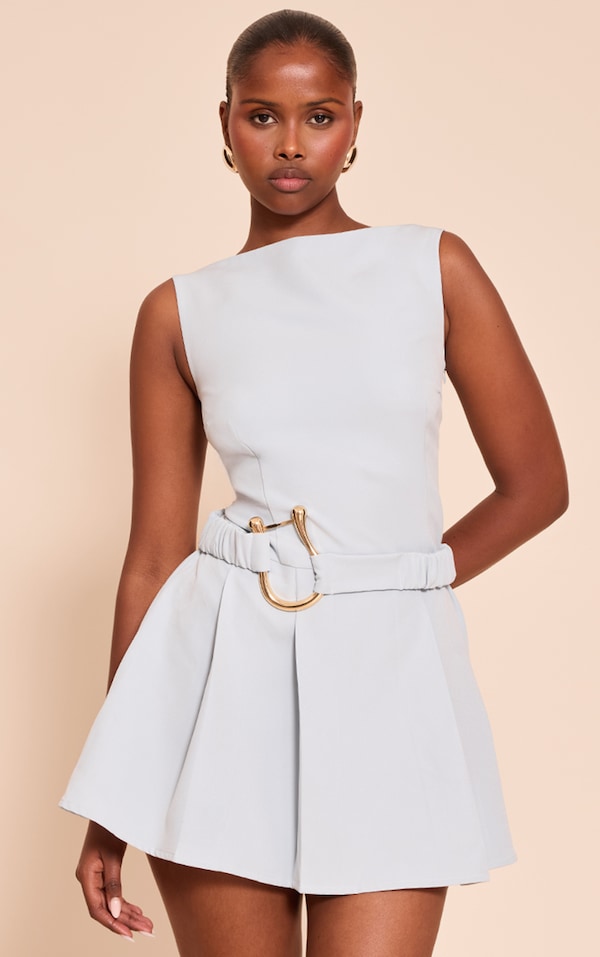 Dusty Blue Woven Belt Detail Pleated Shift Dress
