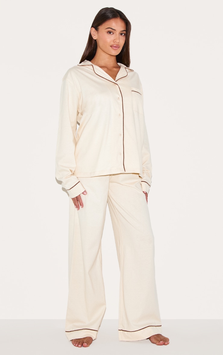 Ensemble de pyjama long en jersey crème à lisérés contrastants image 3