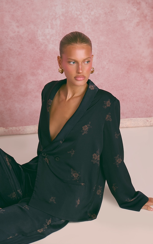 Navy Ditsy Floral Satin Suit Jacket