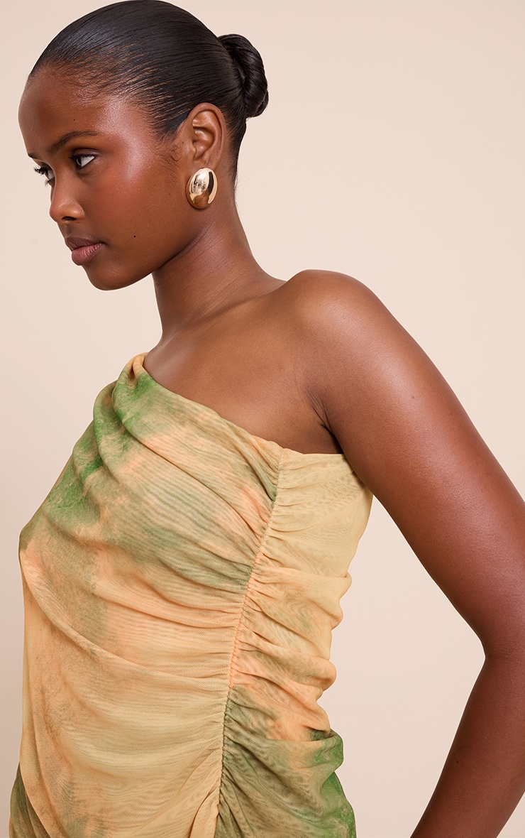Green Abstract Print Mesh One Shoulder Ruched Top image 4