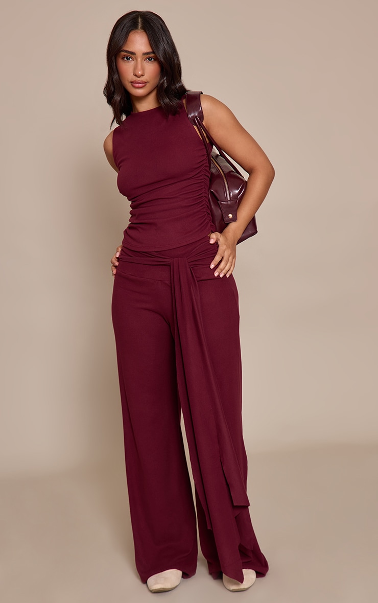 Petite Burgundy Drape Detail Wide Leg Trousers