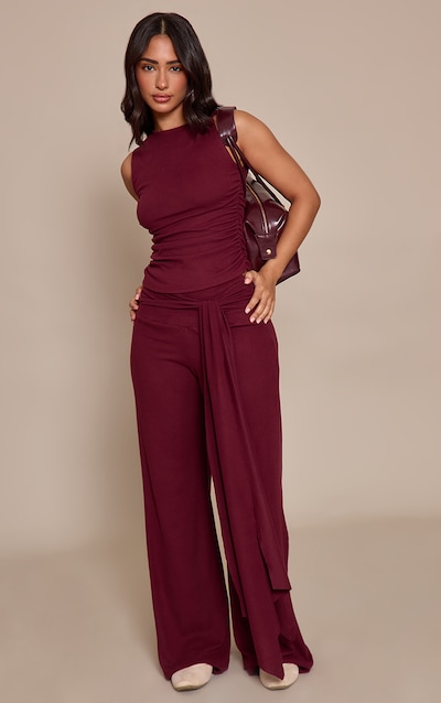 Petite Burgundy Drape Detail Wide Leg Pants