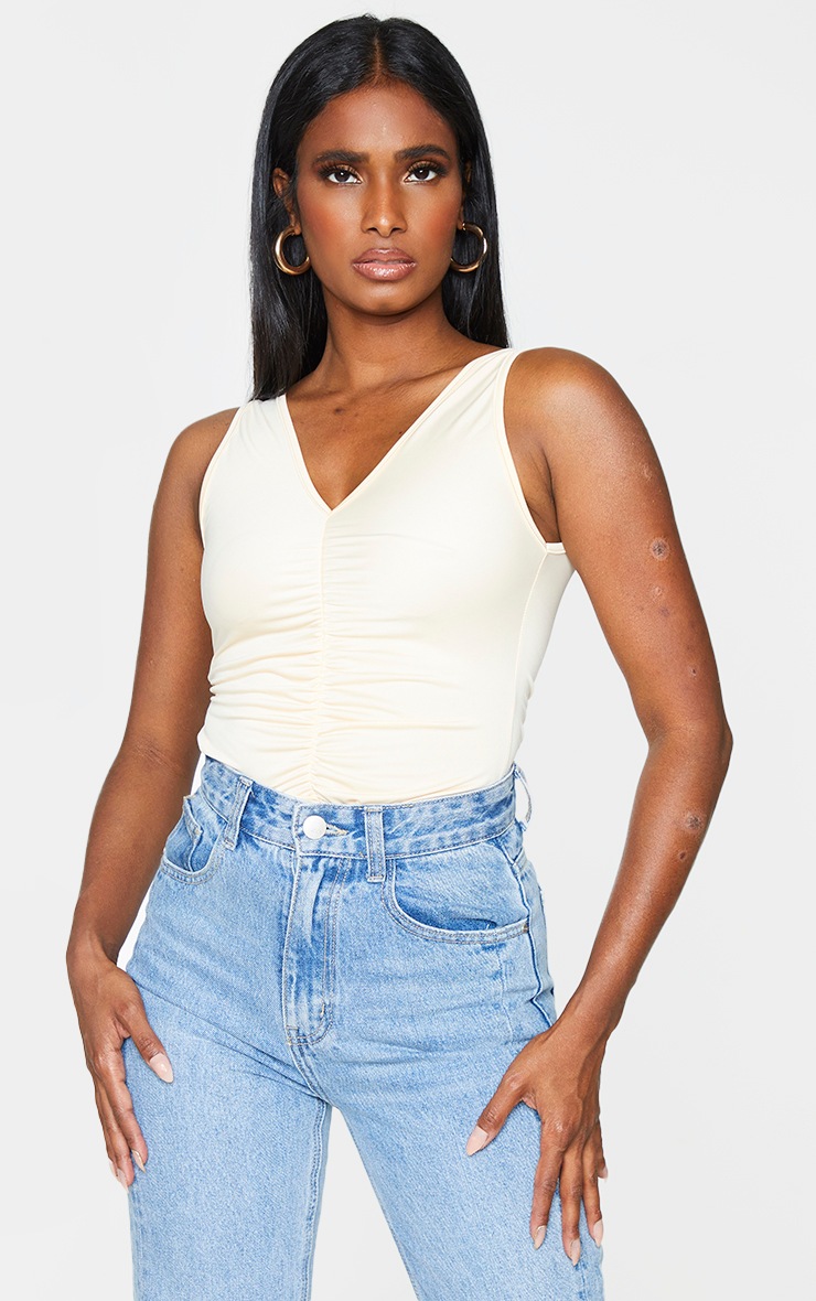 Nude Slinky Ruched Front Plunge Bodysuit