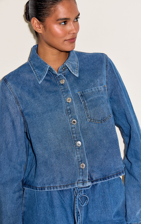  Mid Blue Wash Relaxed Long Sleeve Cropped Denim Shirt