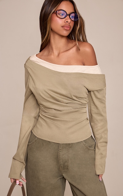 Petite Dark Olive Double Layer Asymmetric Detail Top