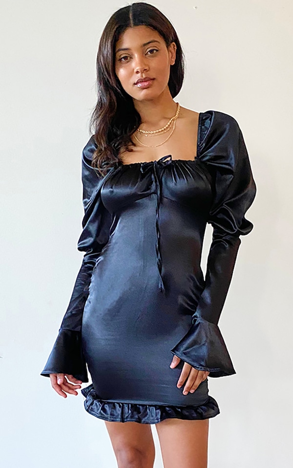 puff sleeve black tie dress