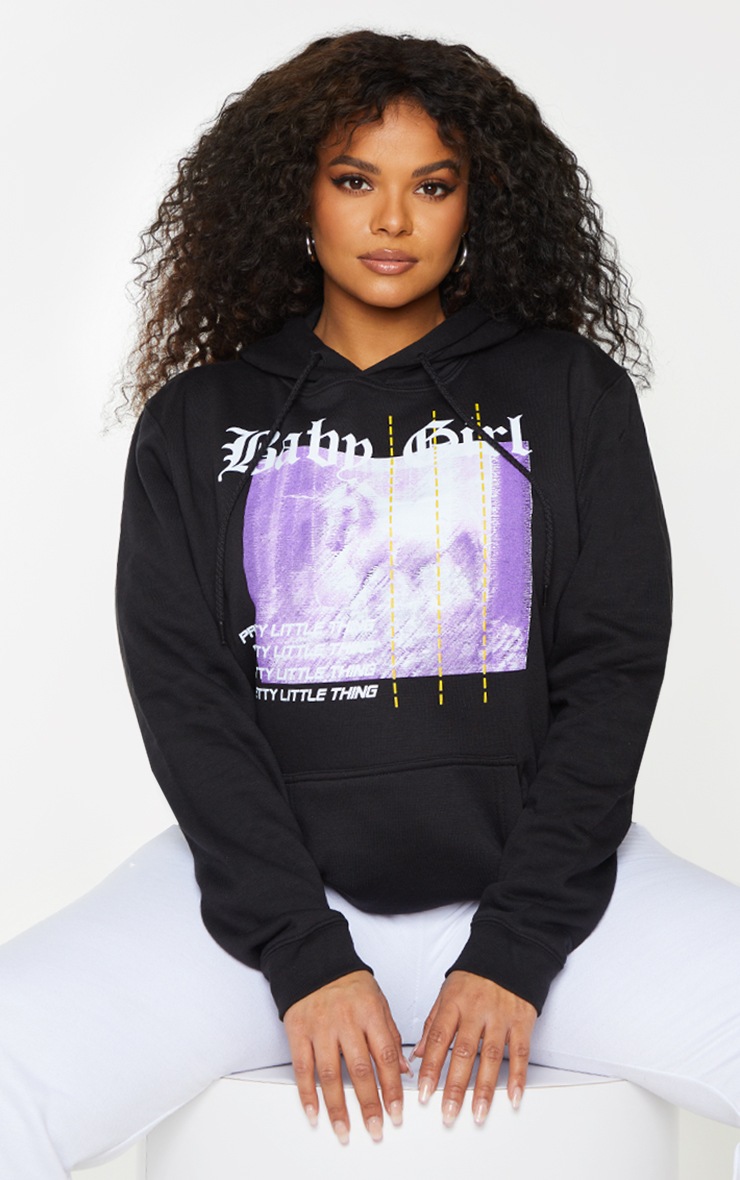 Plus Black Baby Girl Photographic Printed Hoodie