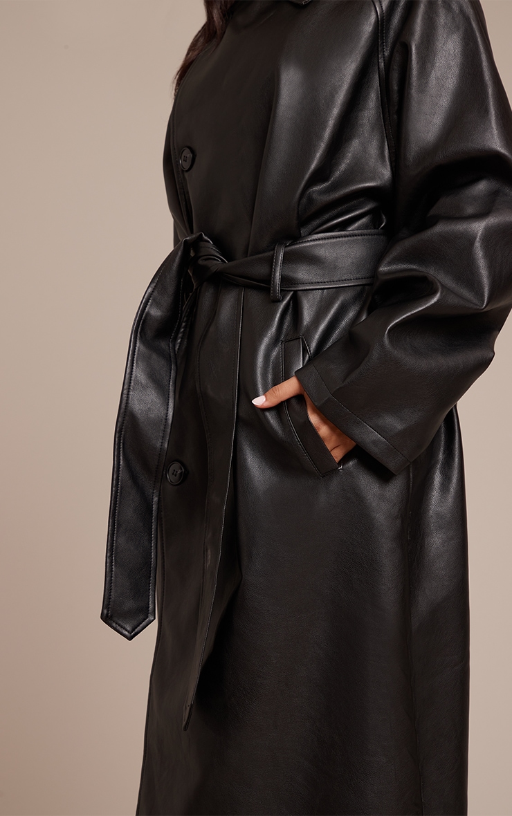 Petite Black Faux Leather Maxi Belted Trench Coat image 4