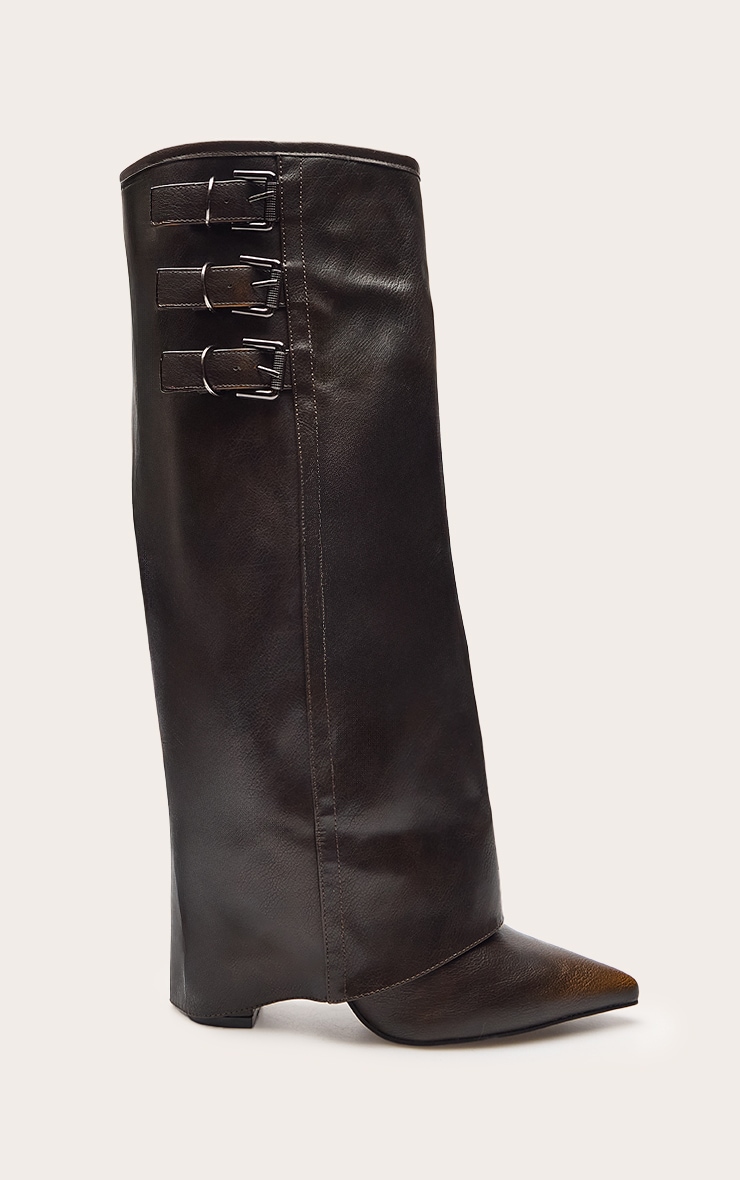 Bottes hautes repliées marron effet brûlé à talon carré et triples boucles image 2