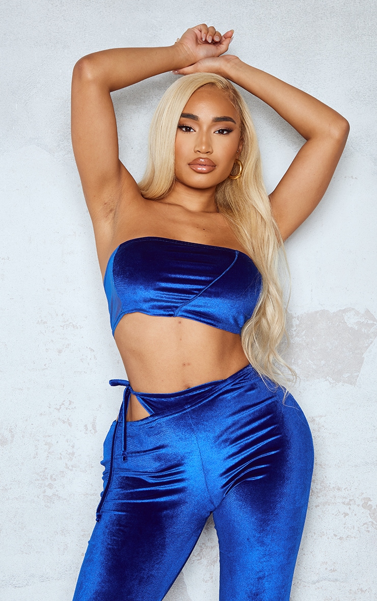 Shape Cobalt Velvet Mesh Panel Bandeau Crop Top