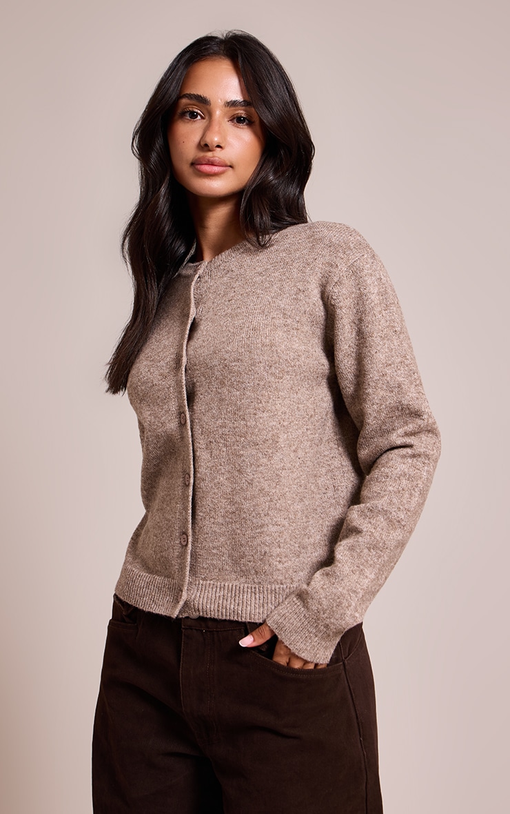 Petite Taupe Knit Button Through Cardigan image 1