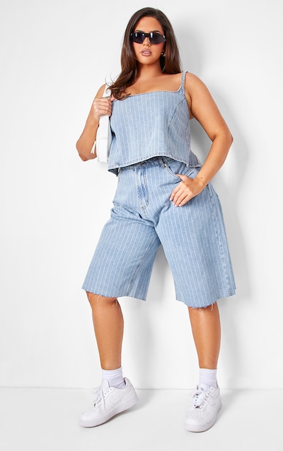 Plus Light Blue Pinstripe Long Line Denim Shorts