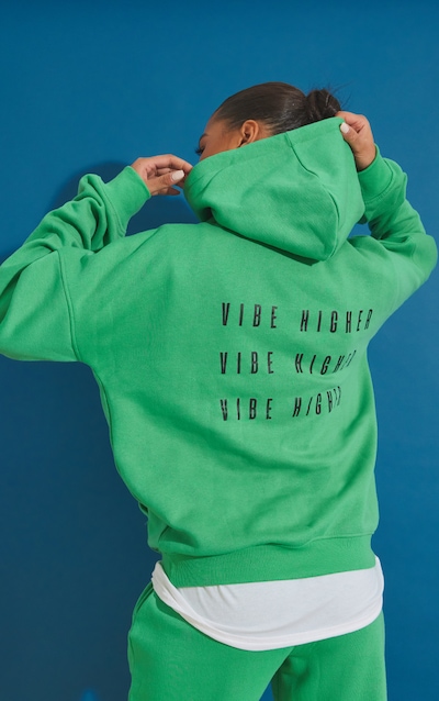 Bright Green Slogan Printed Back Oversized Hoodie