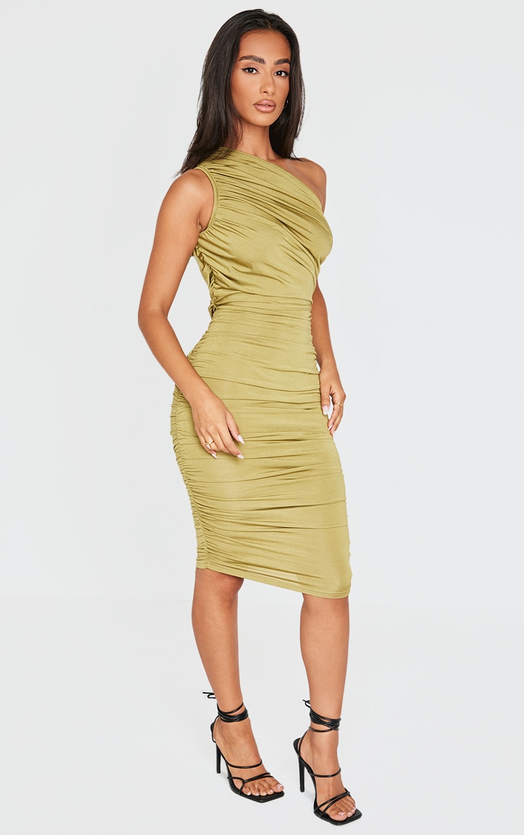 Petite Olive Slinky Ruched One Shoulder Longline Midi Dress image 3