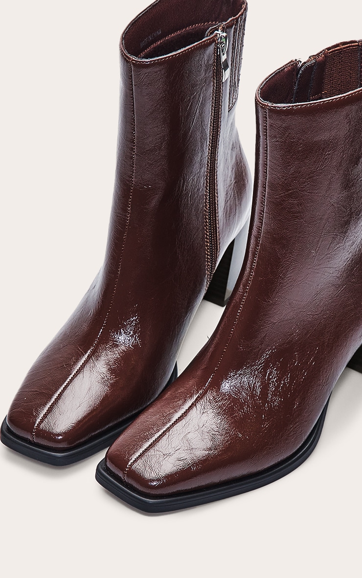 Chocolate Crinkle Square Toe Flared Block Heel Ankle Boots image 5