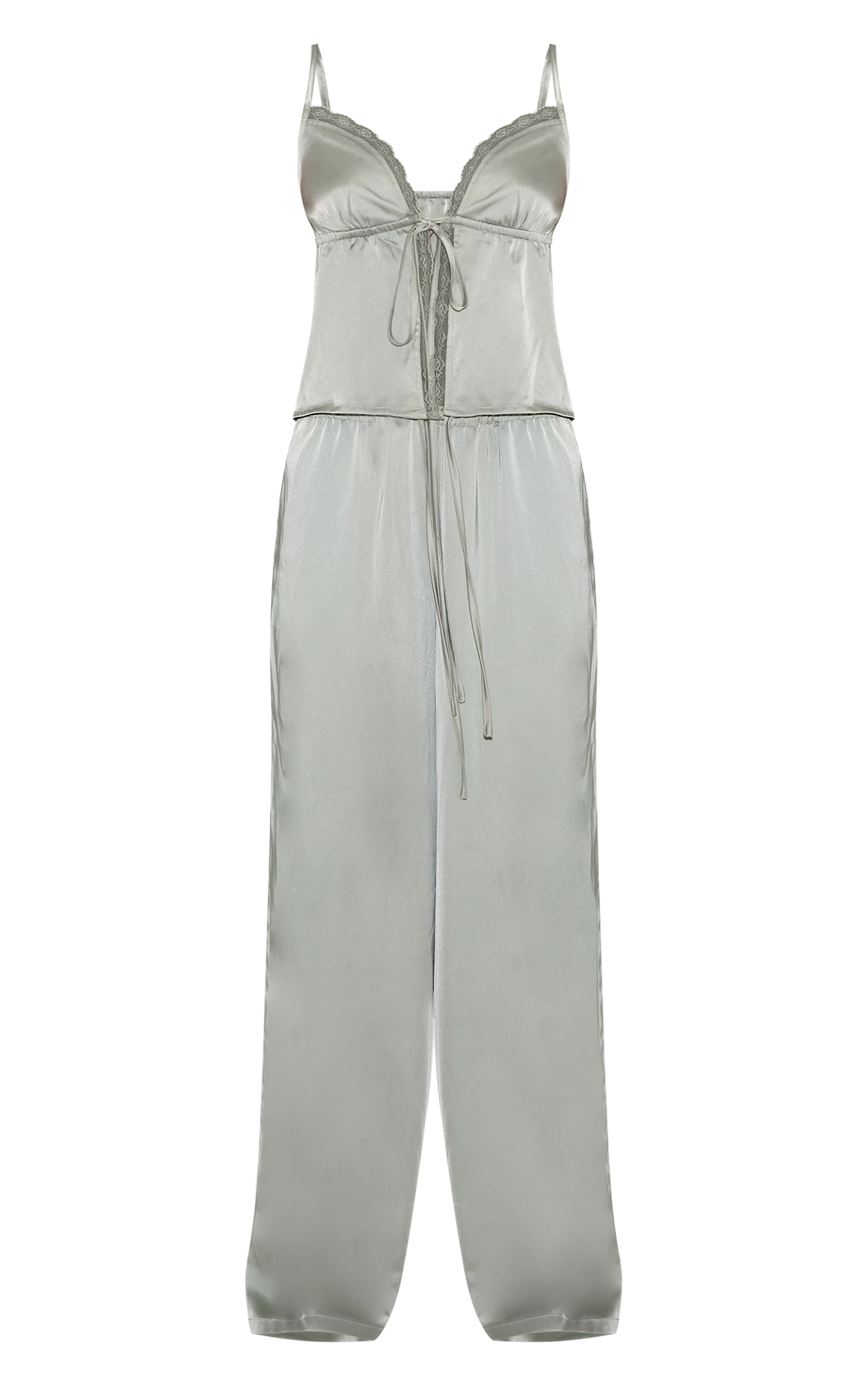 Sage Satin Lace Detail Tie Front Cami PJ Set image 5