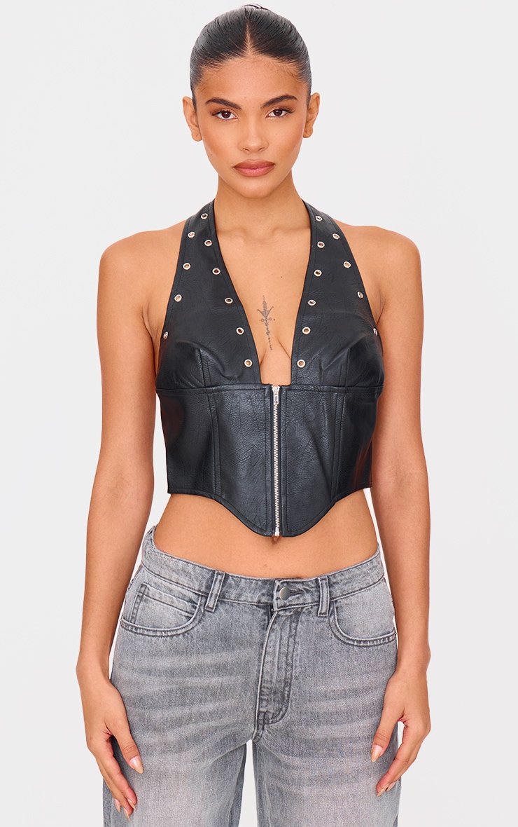 Black Faux Leather Studded Halter Neck Crop Top image 1