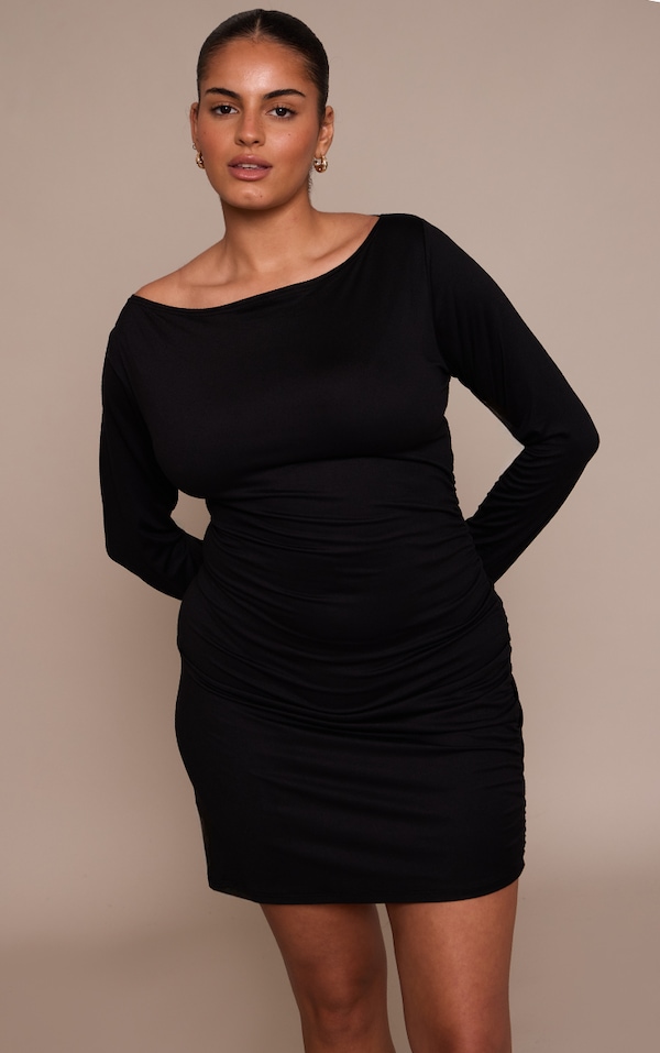 Plus Ruched Side Boat Neck Mini Dress 