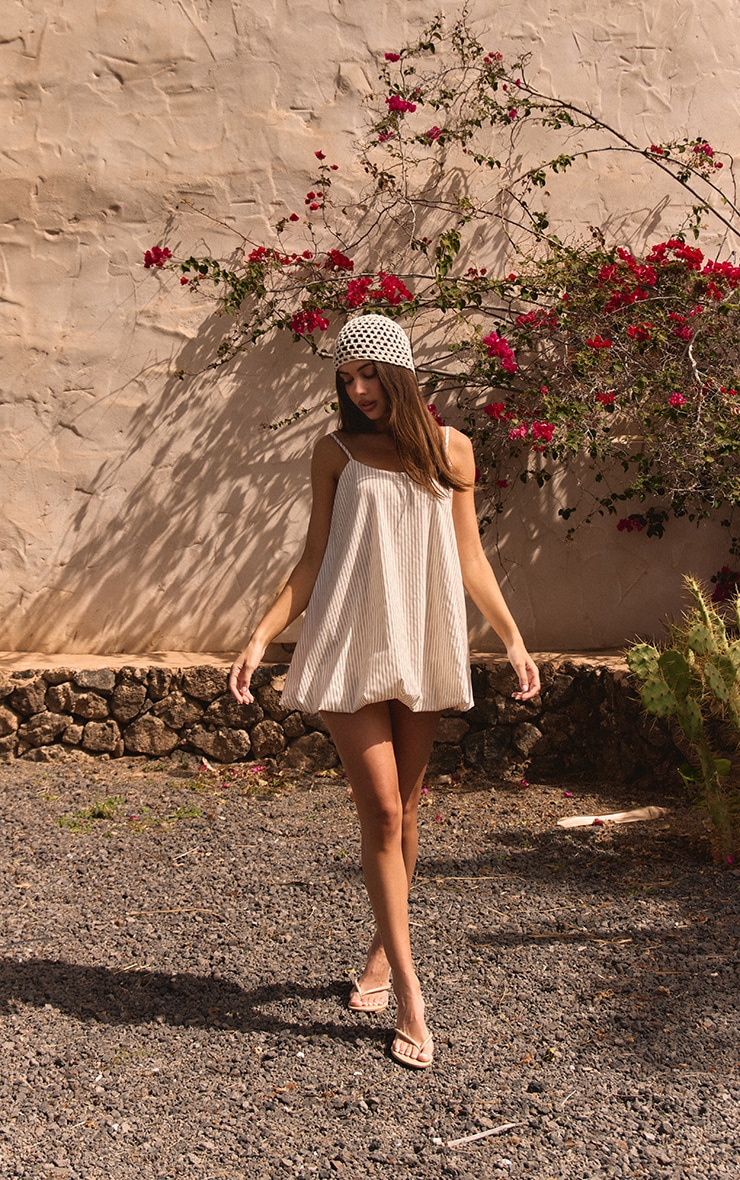 Cream Striped Strappy Puffball Dress