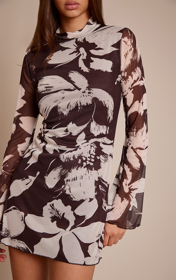 Brown Abstract Floral High Neck Flared Sleeve Shift Dress image 4