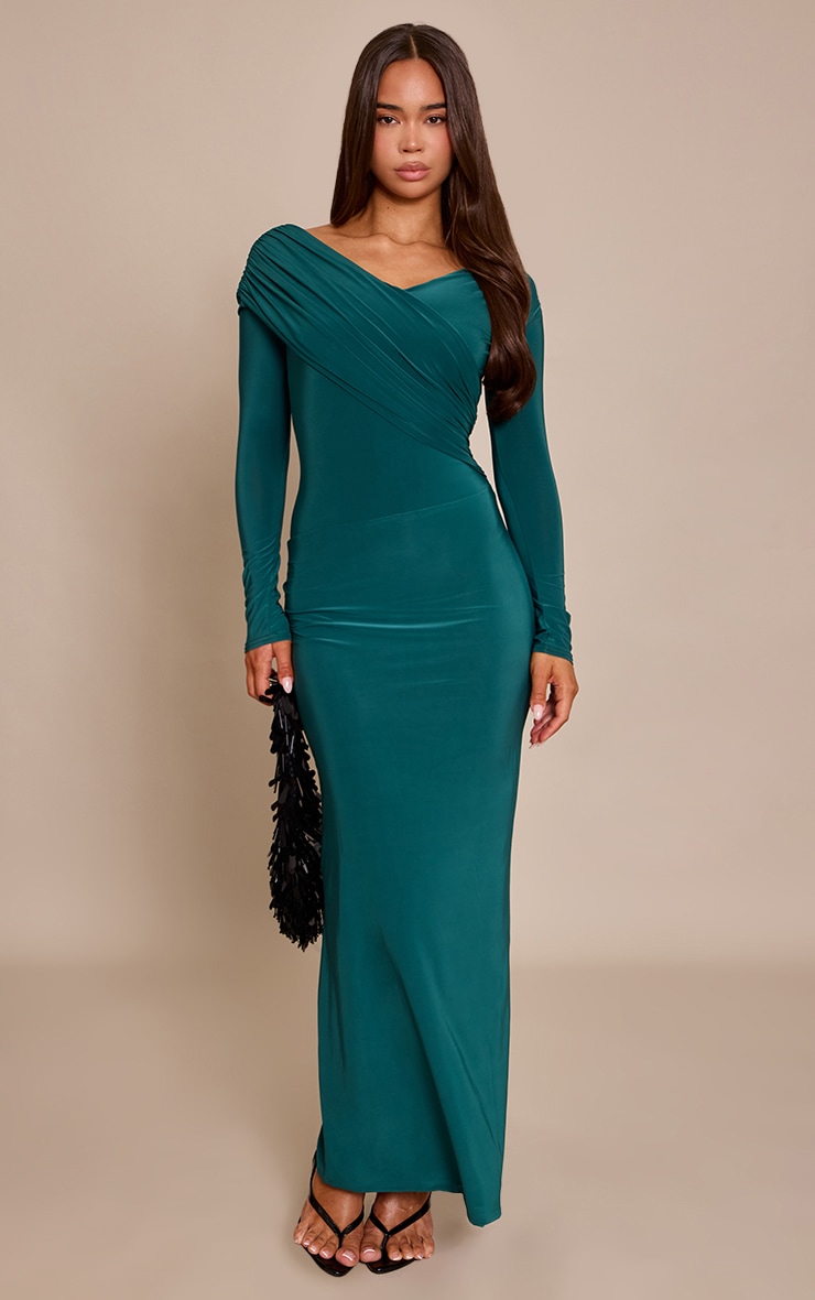 Forest Green Double Layer Asymmetric Bardot Maxi Dress