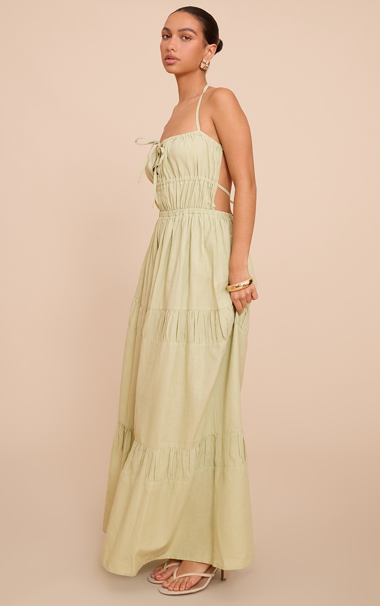 Sage Green Ruched Backless Strappy Maxi Dress image 3