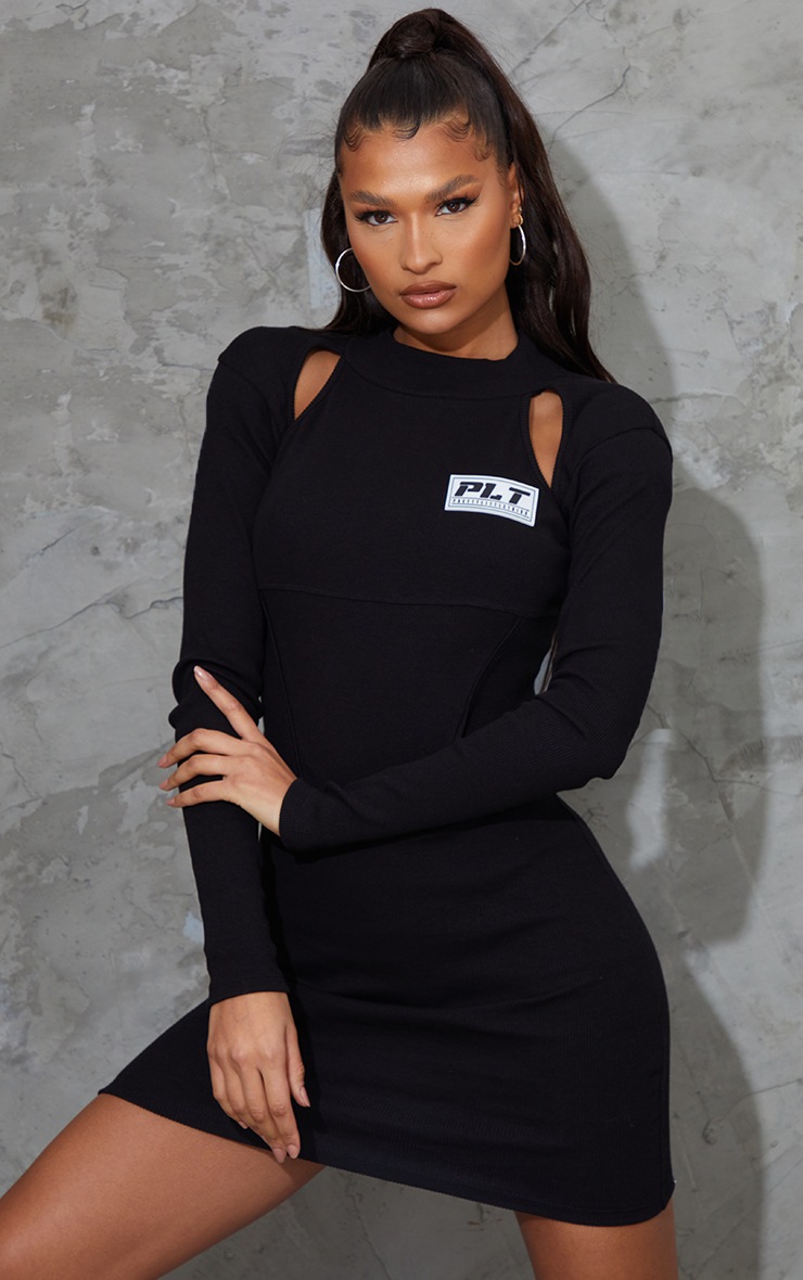 PRETTYLITTLETHING Black Badge Rib Cut Out Shoulder Detail Bodycon Dress