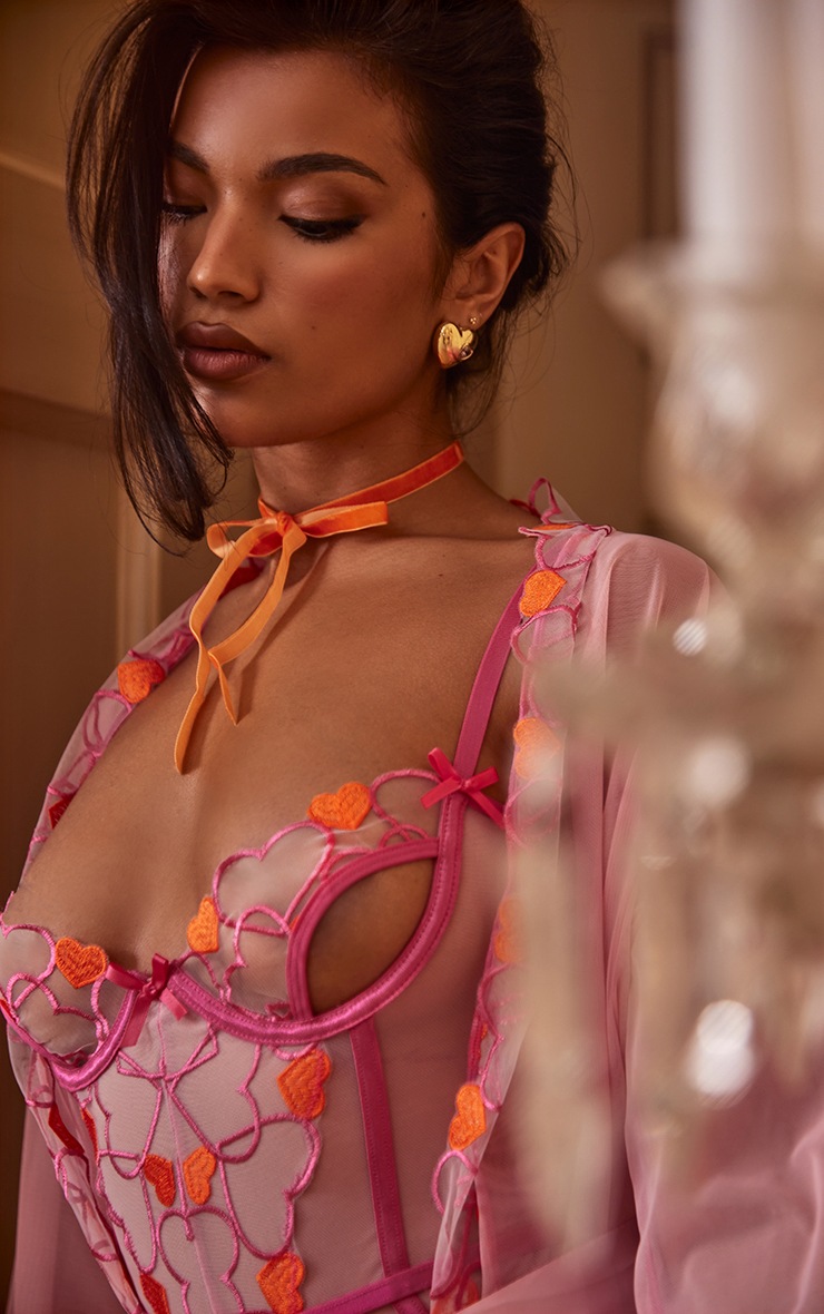 Pink Contrast Heart Embroidered Body PrettyLittleThing USA