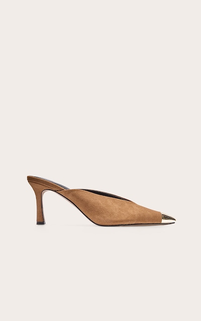 Mules pointues en suédine camel à talon et bout argenté