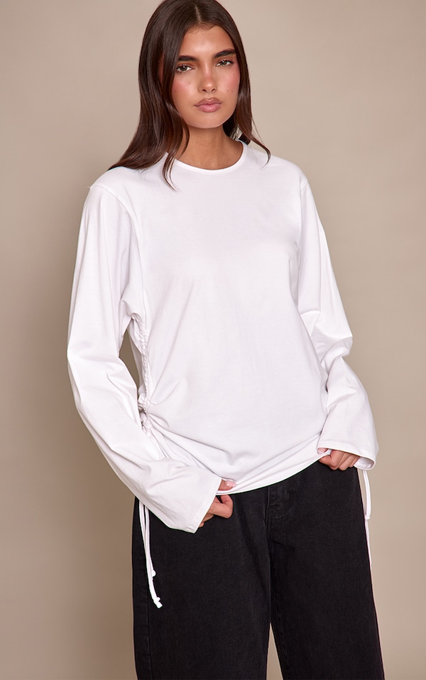 White Cotton Ruched Side Detail  Slouchy Top
