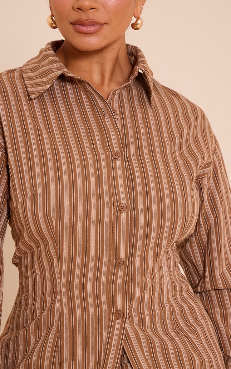 Shape BROWN Striped Lace Up Cinched Back Button Front Shirt image 4